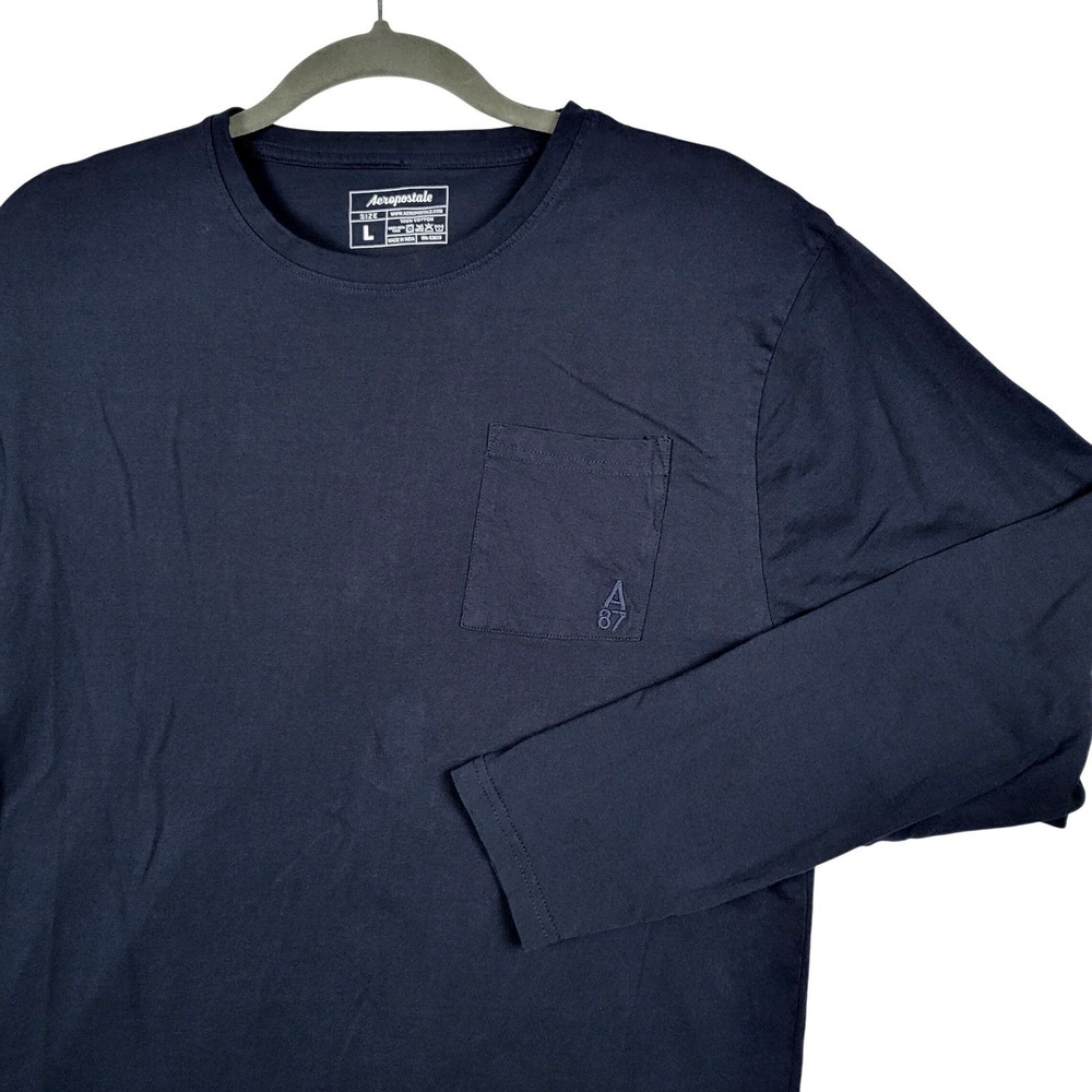 Aeropostale Mens L Navy Blue Long Sleeve Embroidered Pocket Tee T-Shirt Casual